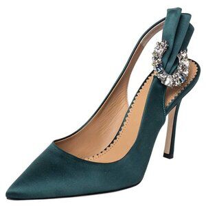 NWOB Tory Burch Green Satin Crystal Penelope Slingback Pumps EU 35 US 5